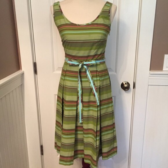 ELIZABETH WAYMAN DRESS GREEN STRIPE SLEEVELESS Size 4 - Picture 1 of 7